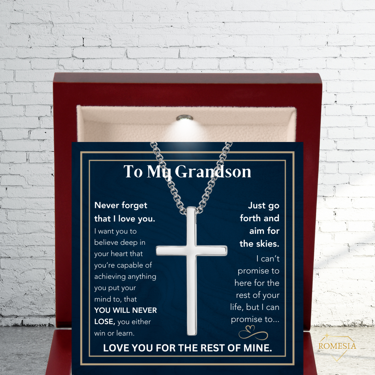 To My Grandson-Believe- Stainless Steel 24"in. cross necklace