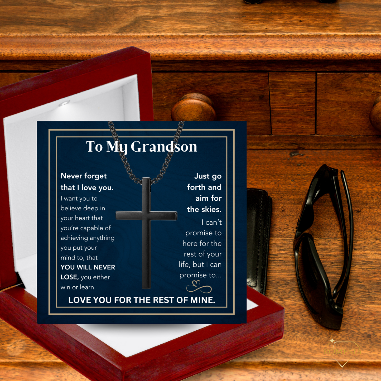 To My Grandson-Believe- Stainless Steel 24"in. cross necklace