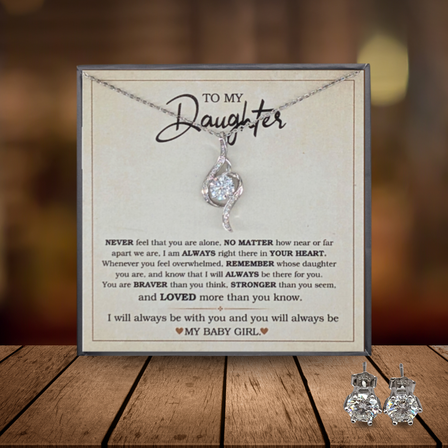 Daughter Adoring Love Necklace with Earrings-"BRAVER"-925 Sterling Silver Pendent Gift for Her