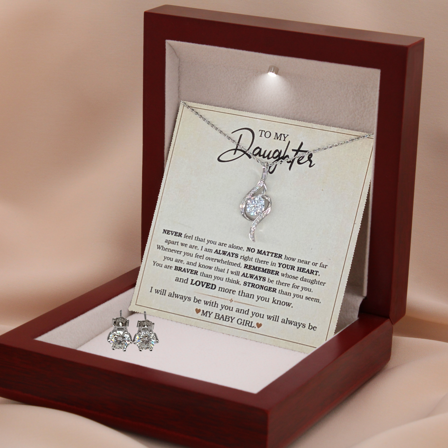 Daughter Adoring Love Necklace with Earrings-"BRAVER"-925 Sterling Silver Pendent Gift for Her