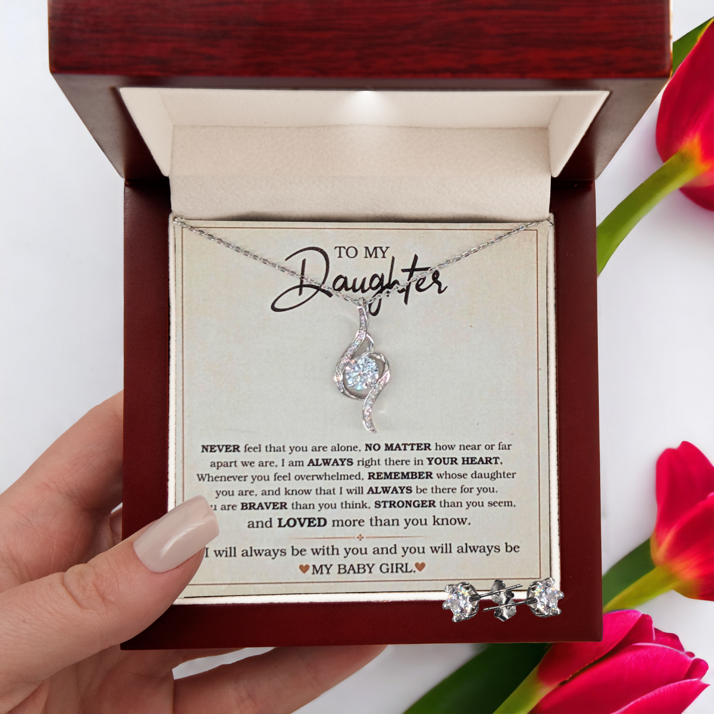Daughter Adoring Love Necklace with Earrings-"BRAVER"-925 Sterling Silver Pendent Gift for Her