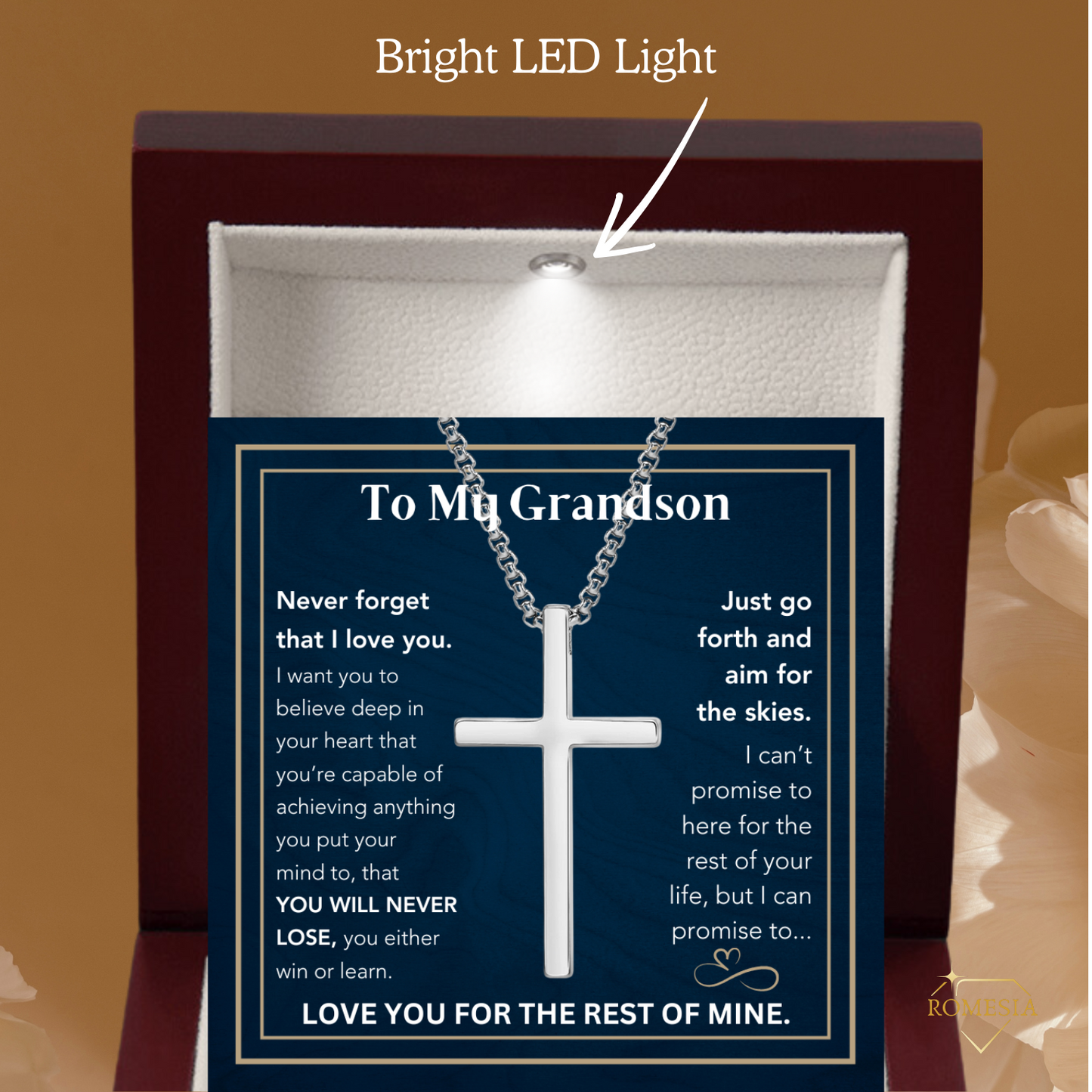 To My Grandson-Believe- Stainless Steel 24"in. cross necklace