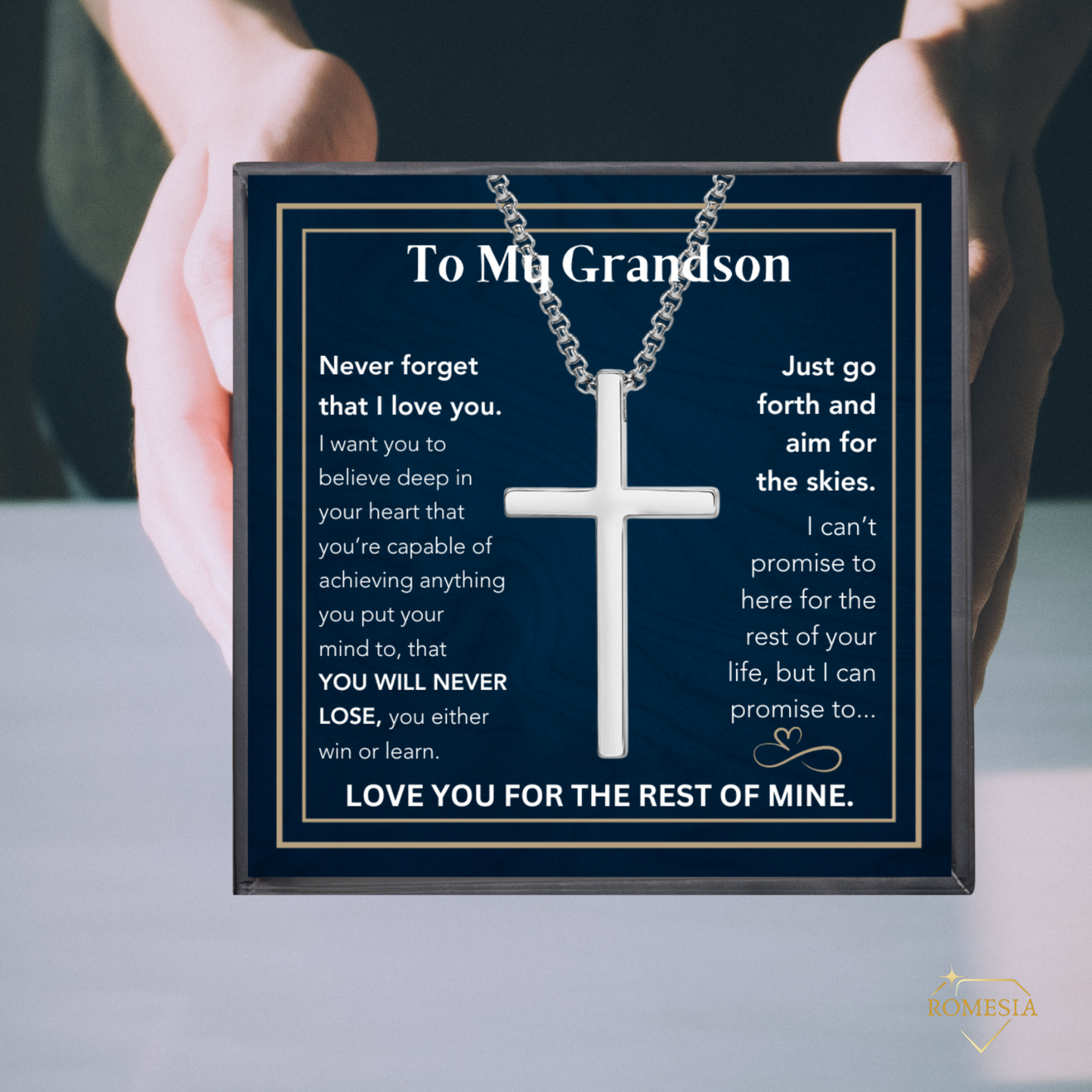 To My Grandson-Believe- Stainless Steel 24"in. cross necklace