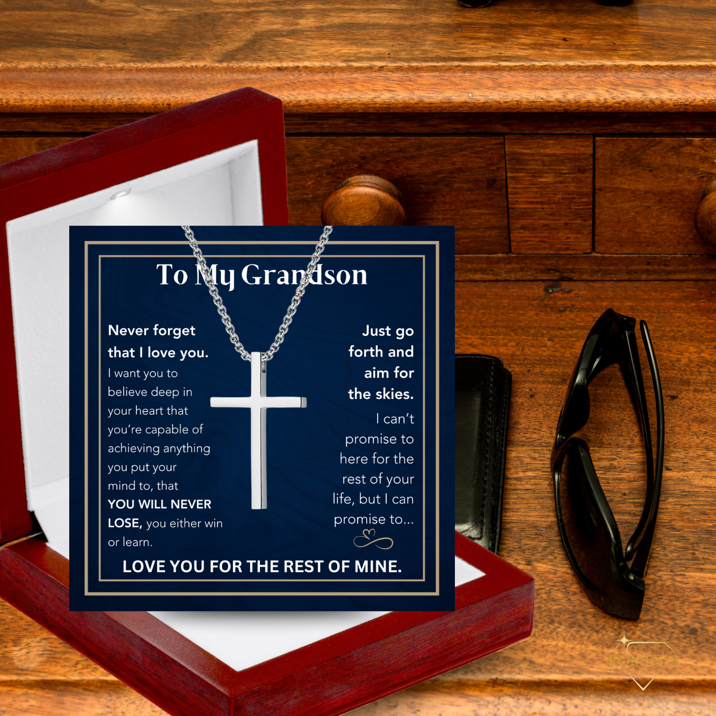 To My Grandson-Believe- Stainless Steel 24"in. cross necklace