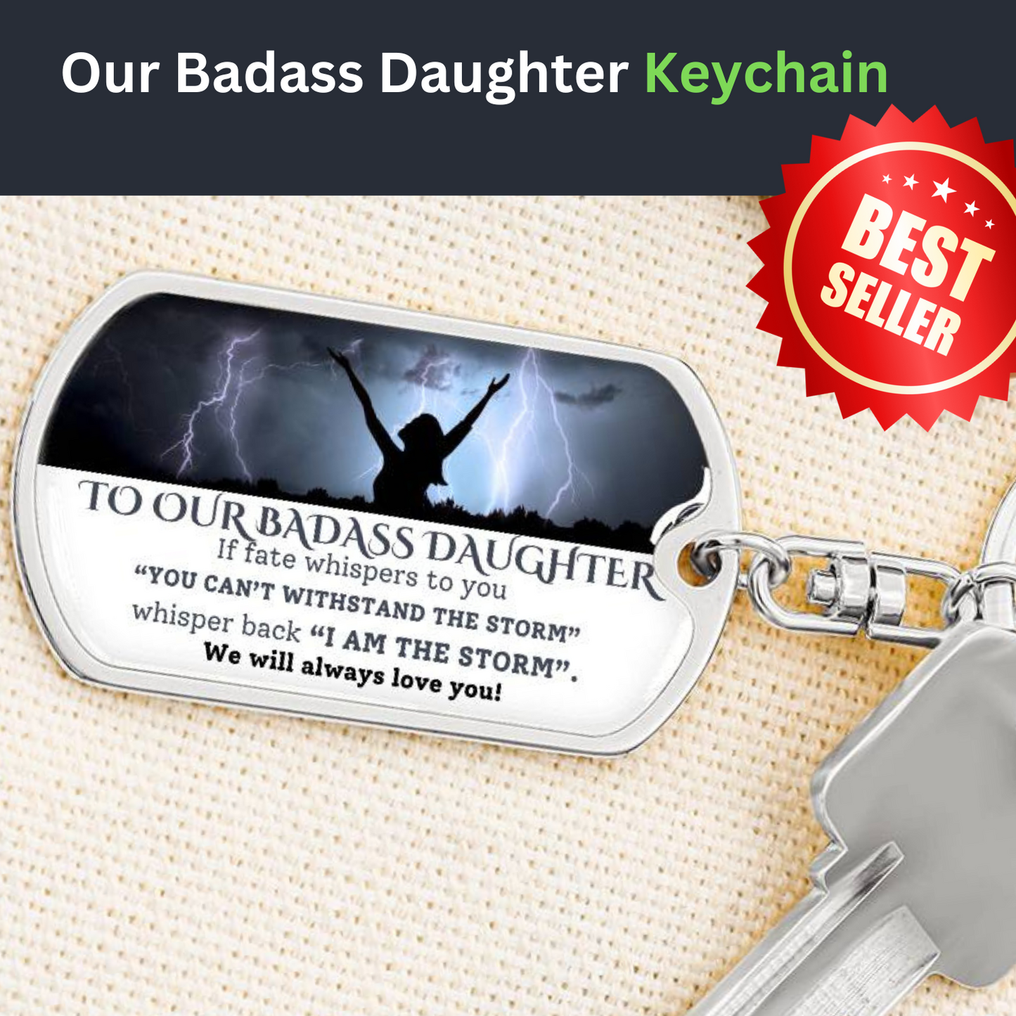 To Our Badass Daughter-Fate Whispers- Graphic Dog Tag Swivel Keychain