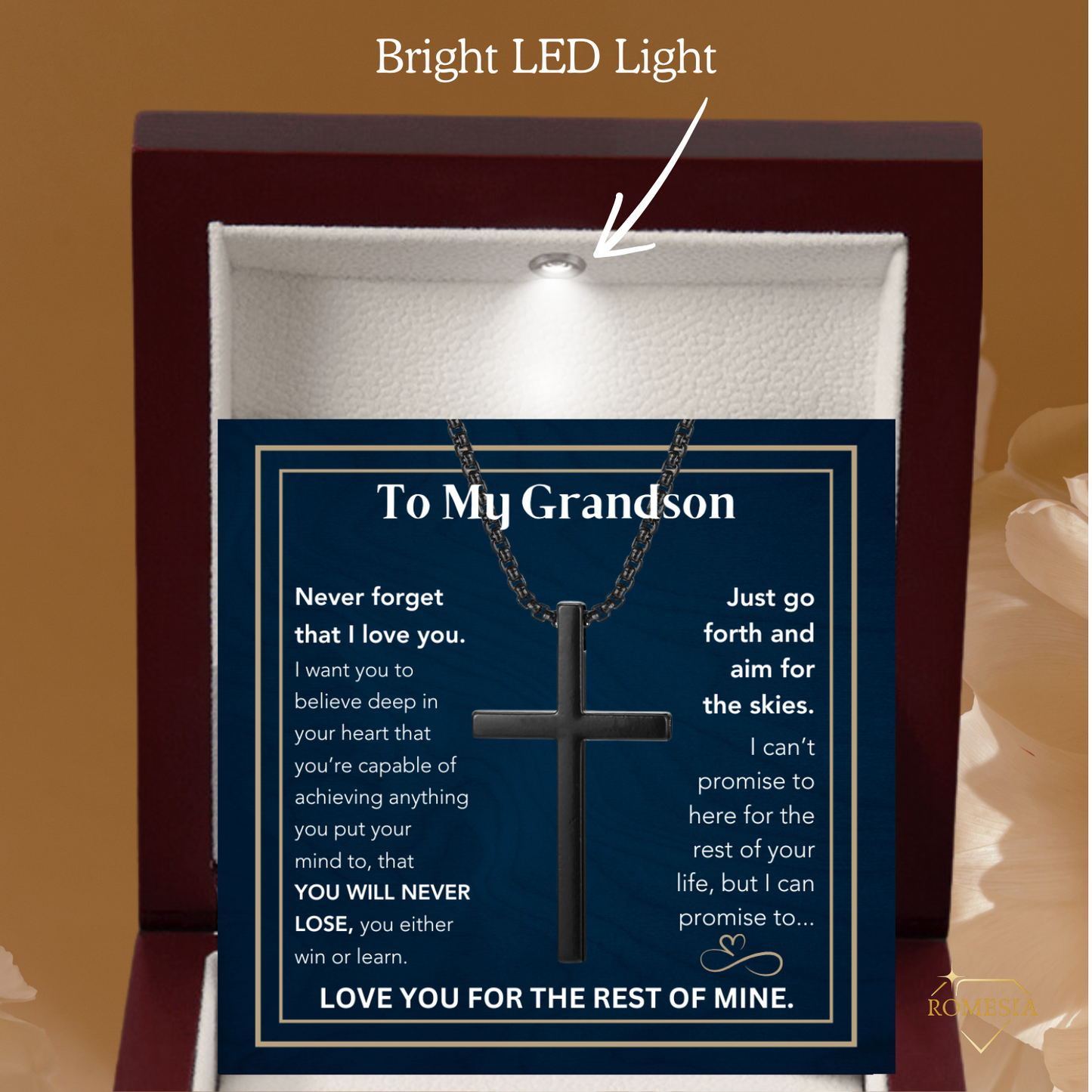 To My Grandson-Believe- Stainless Steel 24"in. cross necklace