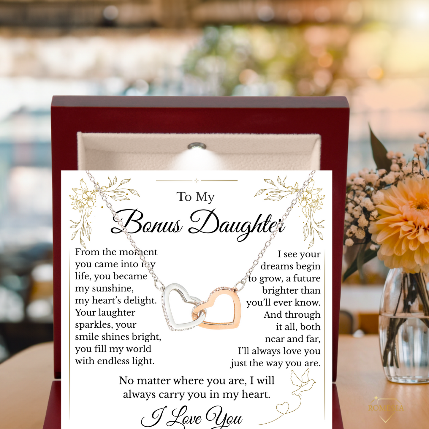 To My Bonus Daughter- Endless Light- Interlocking Hearts Pendent