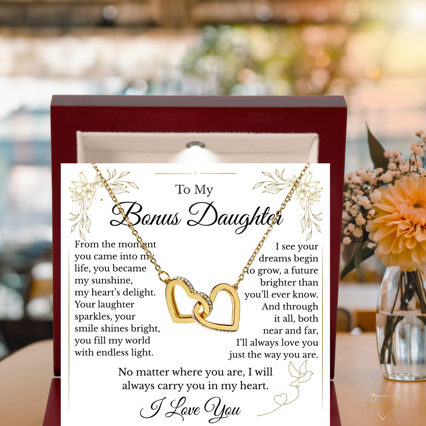 To My Bonus Daughter- Endless Light- Interlocking Hearts Pendent