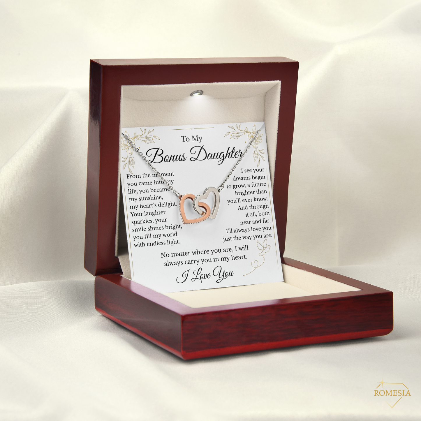 To My Bonus Daughter- Endless Light- Interlocking Hearts Pendent