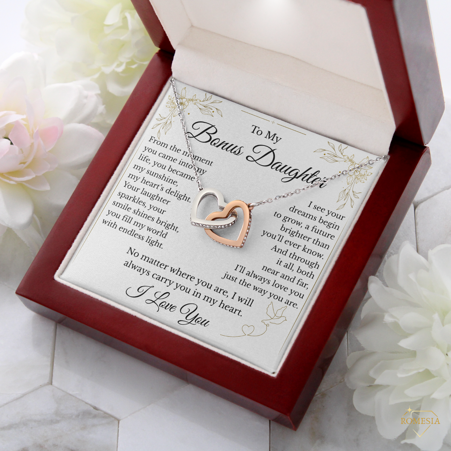 To My Bonus Daughter- Endless Light- Interlocking Hearts Pendent