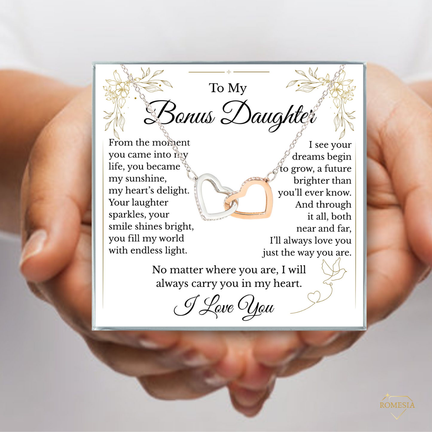 To My Bonus Daughter- Endless Light- Interlocking Hearts Pendent