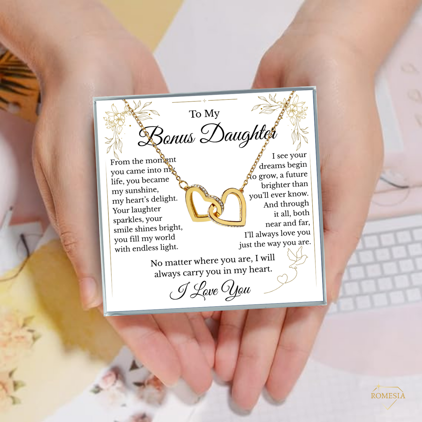 To My Bonus Daughter- Endless Light- Interlocking Hearts Pendent