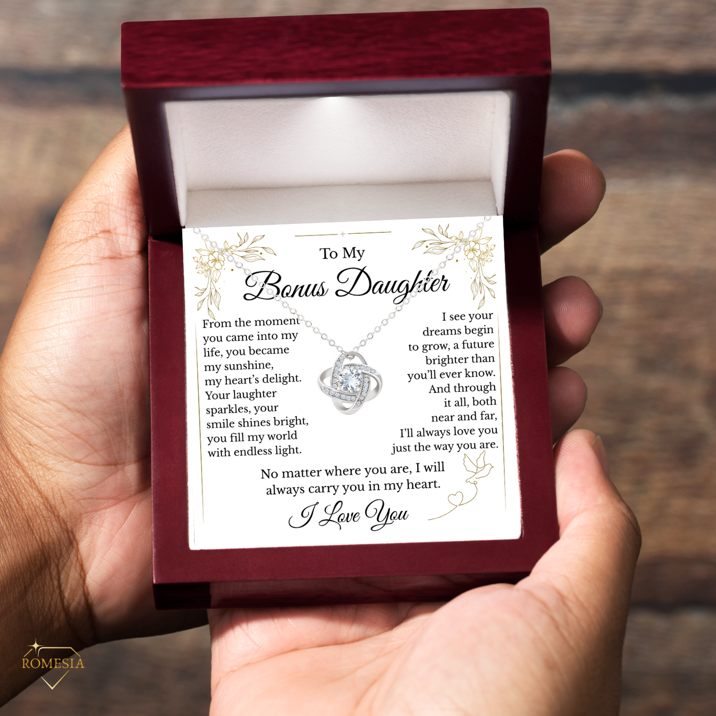 To My Bonus Daughter- Endless Light- Love Knot Necklace