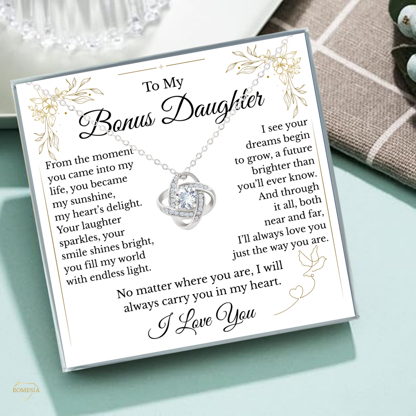 To My Bonus Daughter- Endless Light- Love Knot Necklace