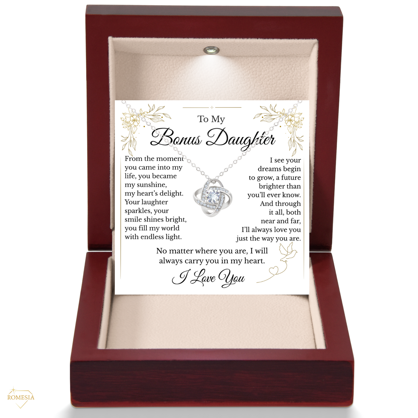 To My Bonus Daughter- Endless Light- Love Knot Necklace