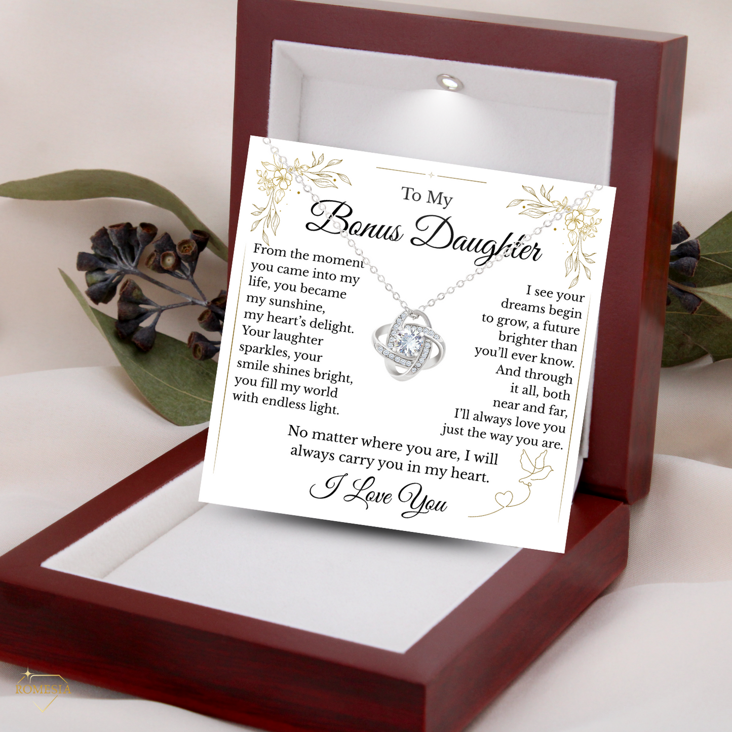 To My Bonus Daughter- Endless Light- Love Knot Necklace