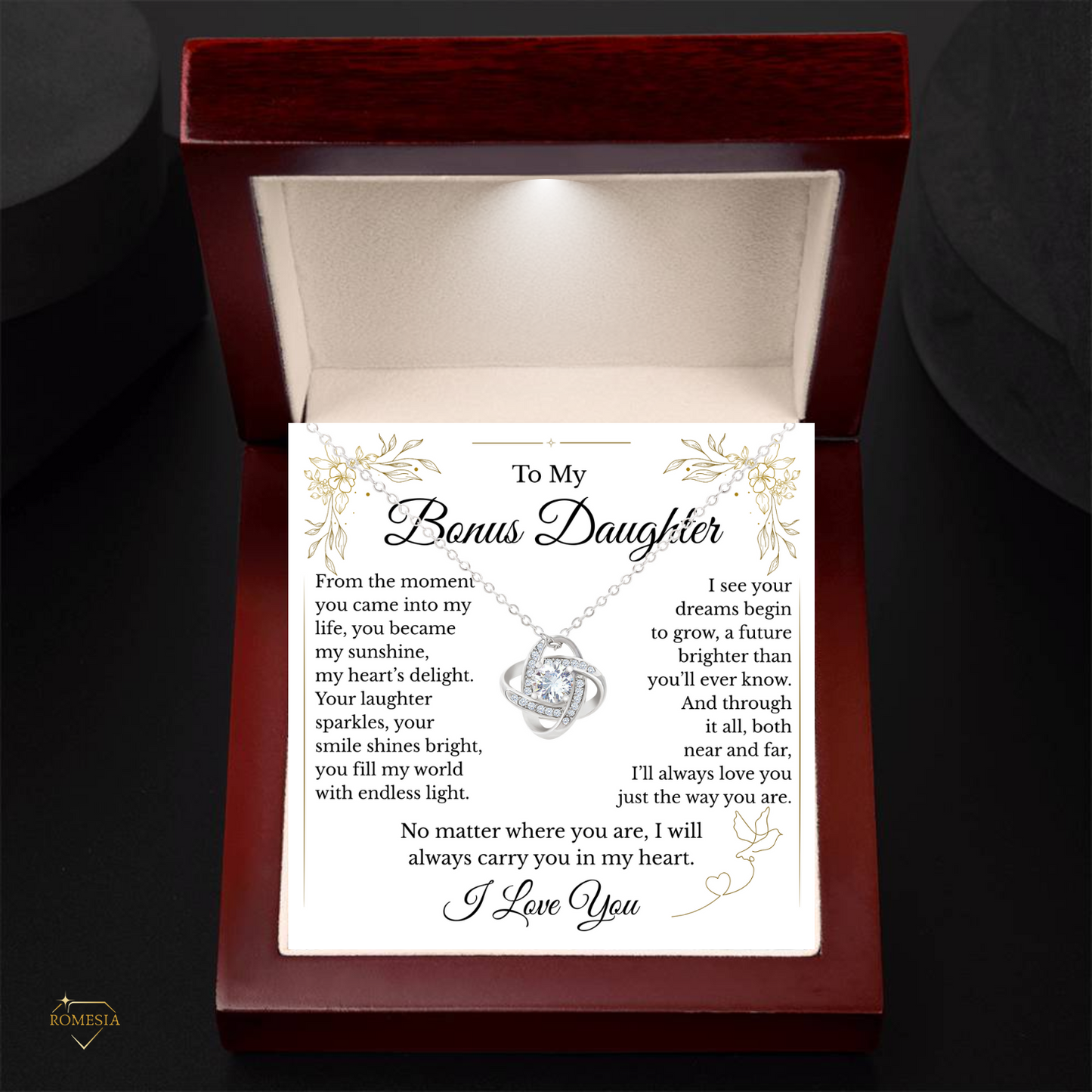 To My Bonus Daughter- Endless Light- Love Knot Necklace