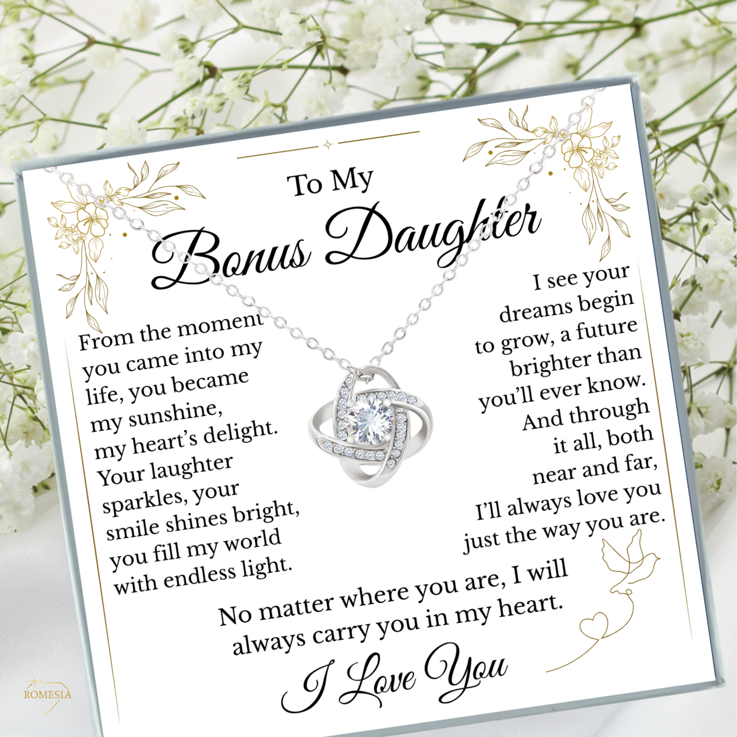 To My Bonus Daughter- Endless Light- Love Knot Necklace