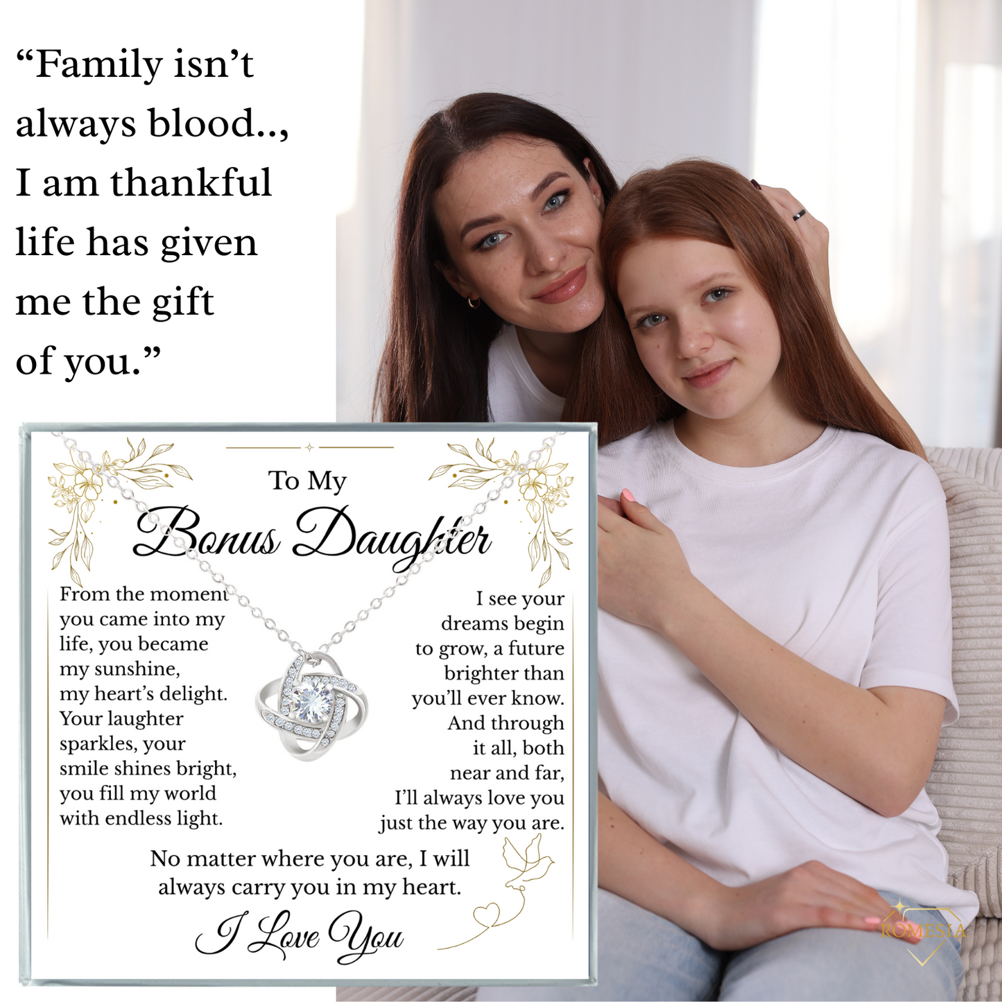 To My Bonus Daughter- Endless Light- Love Knot Necklace