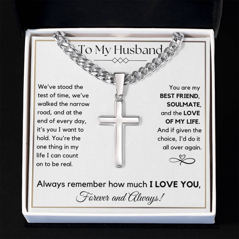 To My Husband- Test of Time- Men's Cuban Link Chain with Cross