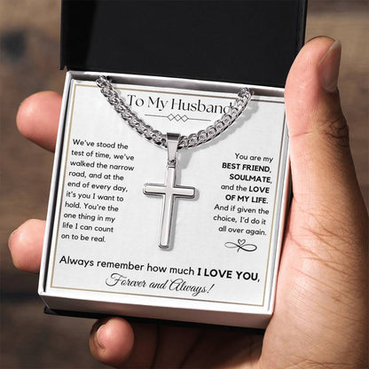 To My Husband- Test of Time- Men's Cuban Link Chain with Cross