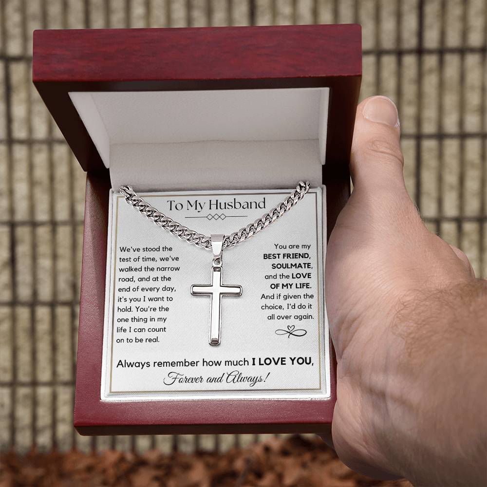 To My Husband- Test of Time- Men's Cuban Link Chain with Cross