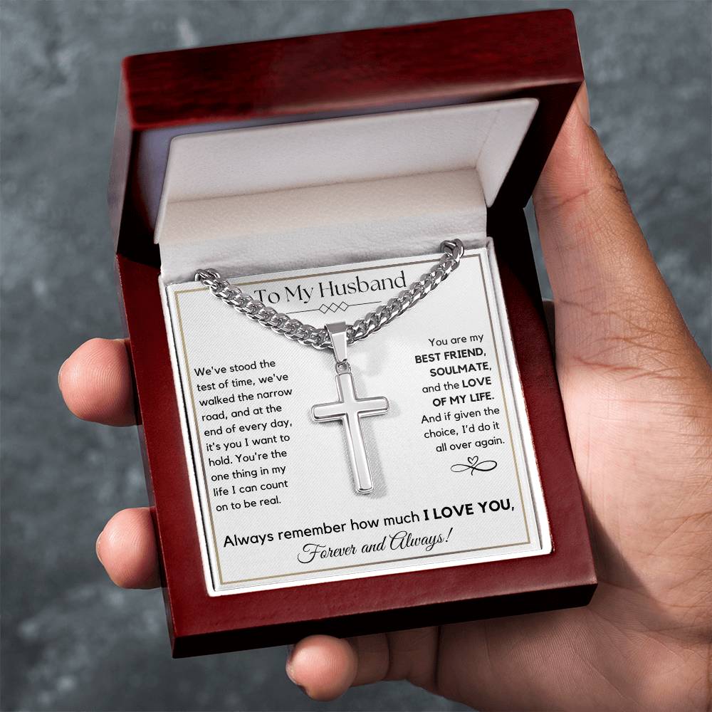 To My Husband- Test of Time- Men's Cuban Link Chain with Cross