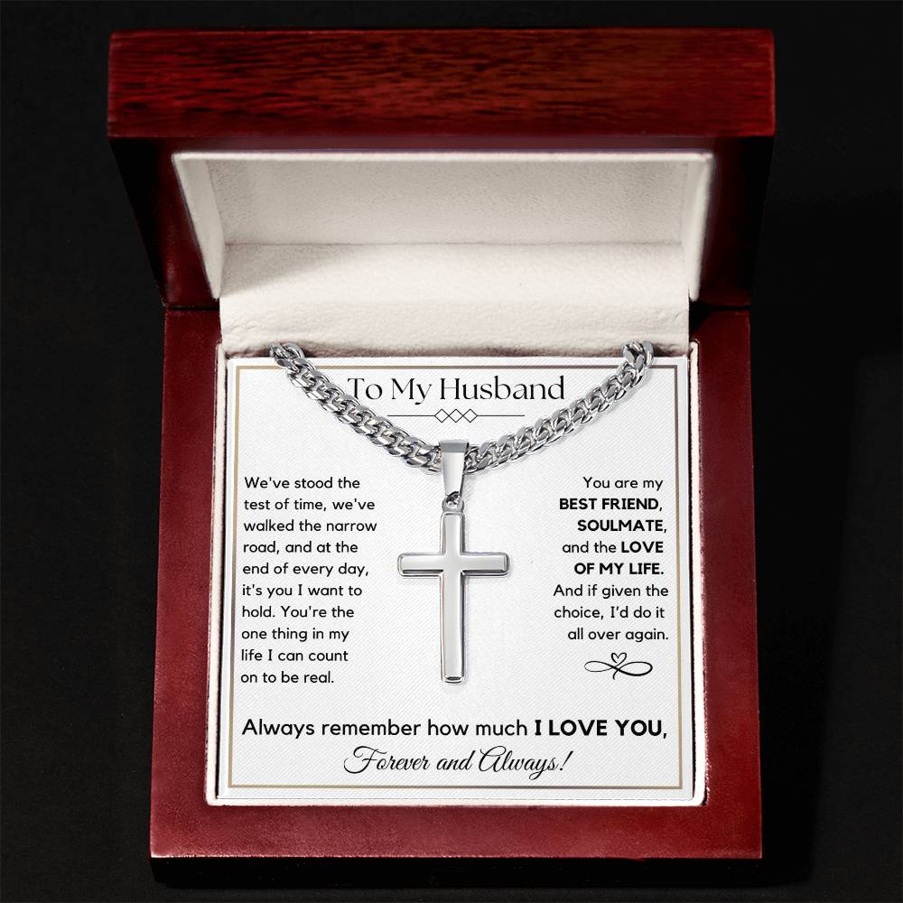 To My Husband- Test of Time- Men's Cuban Link Chain with Cross