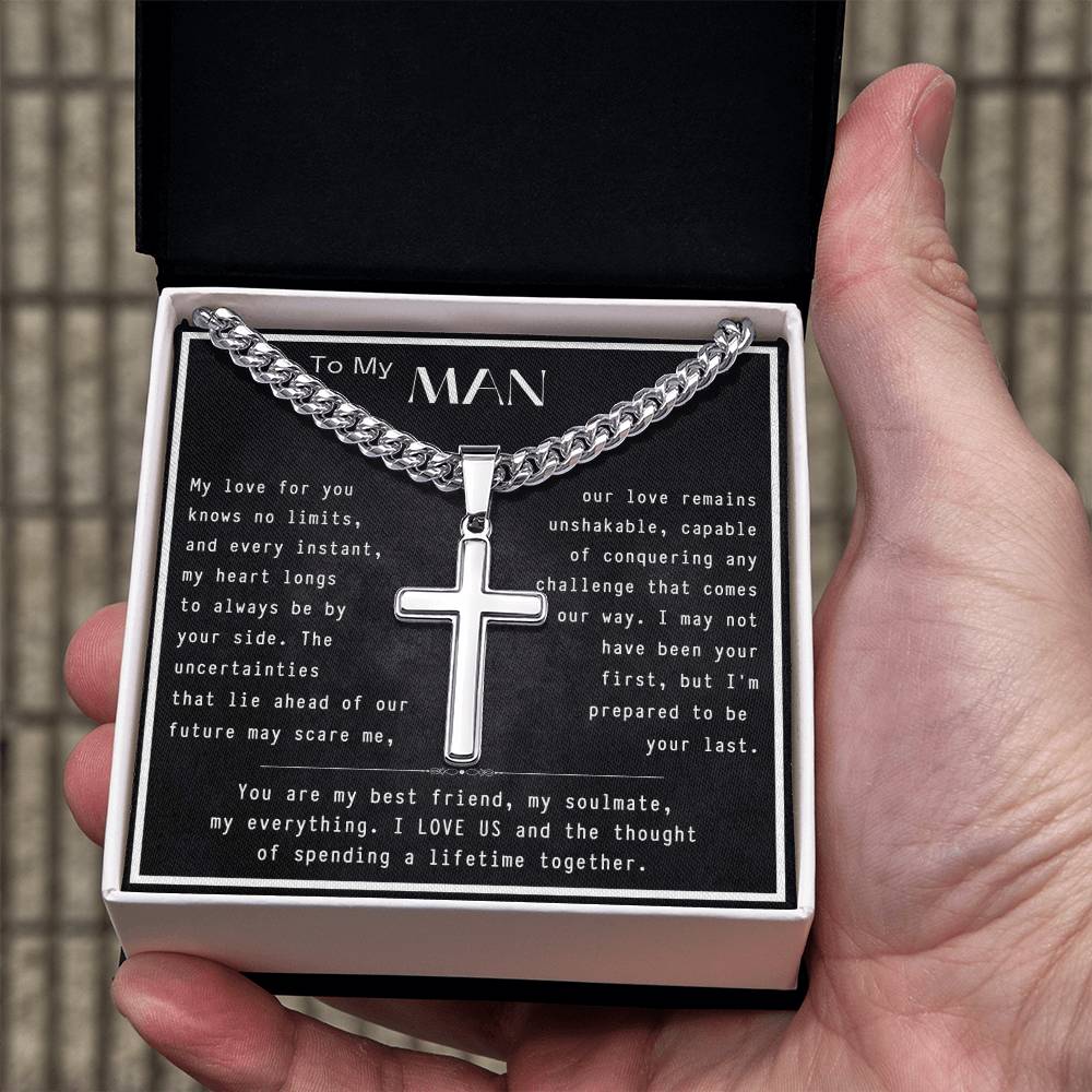 To My Man- I Love Us-Artisan Cross Necklace on Cuban Chain