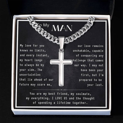 To My Man- I Love Us-Artisan Cross Necklace on Cuban Chain