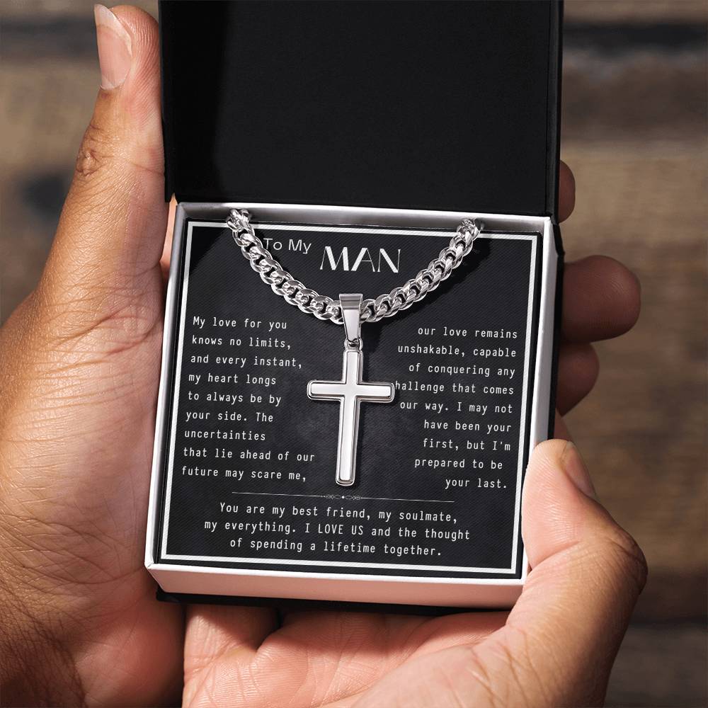 To My Man- I Love Us-Artisan Cross Necklace on Cuban Chain