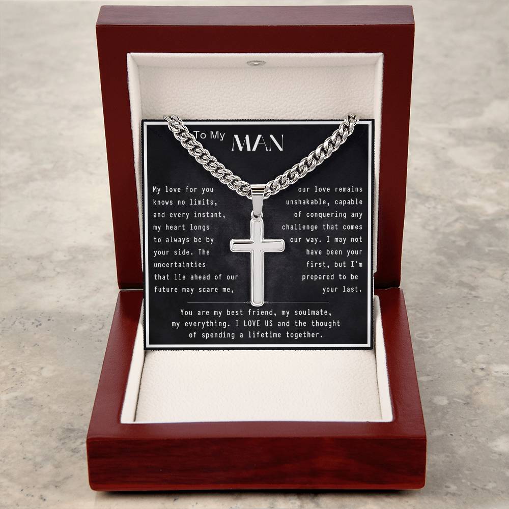 To My Man- I Love Us-Artisan Cross Necklace on Cuban Chain