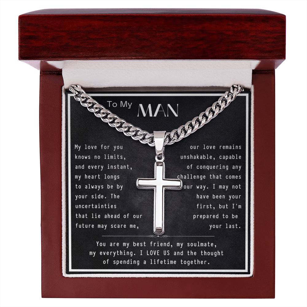 To My Man- I Love Us-Artisan Cross Necklace on Cuban Chain