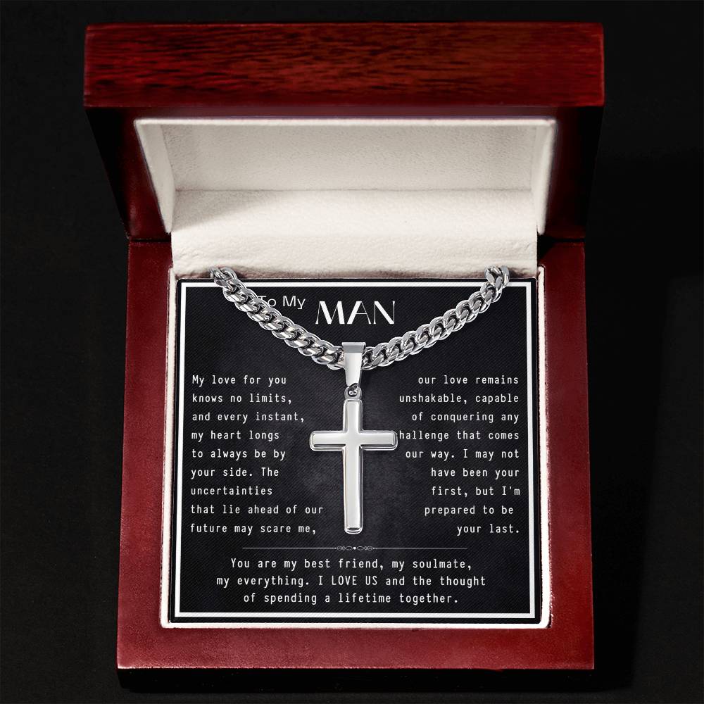 To My Man- I Love Us-Artisan Cross Necklace on Cuban Chain