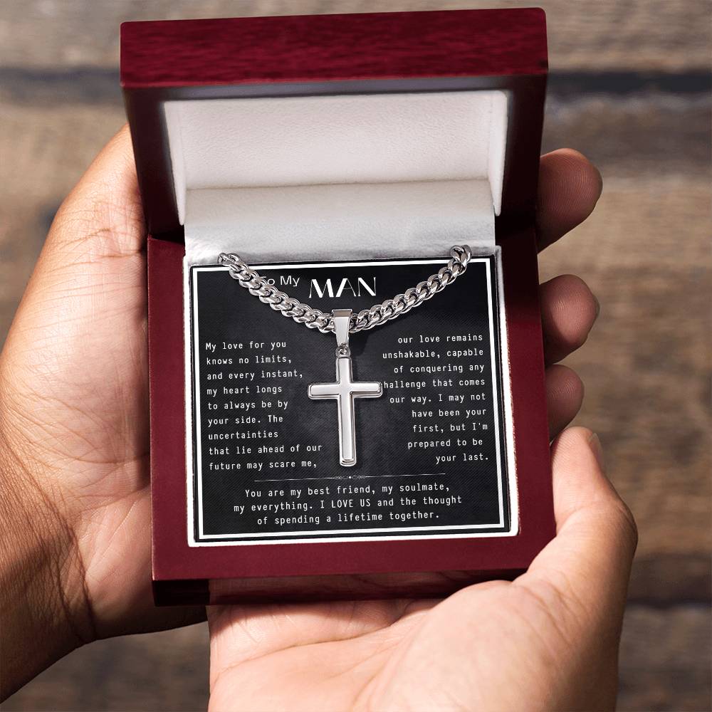 To My Man- I Love Us-Artisan Cross Necklace on Cuban Chain