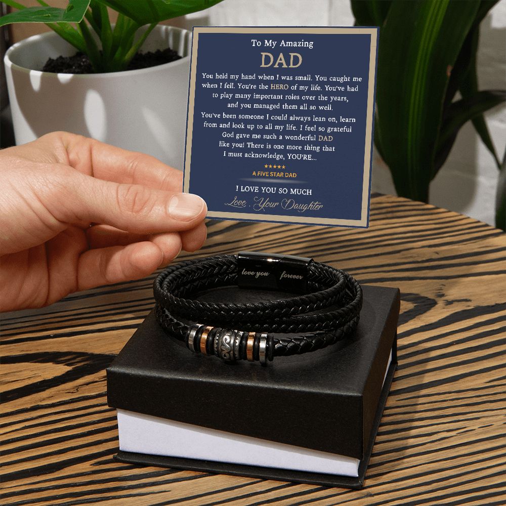 Five Star Dad- Mens "Love you forever" Leather bracelet