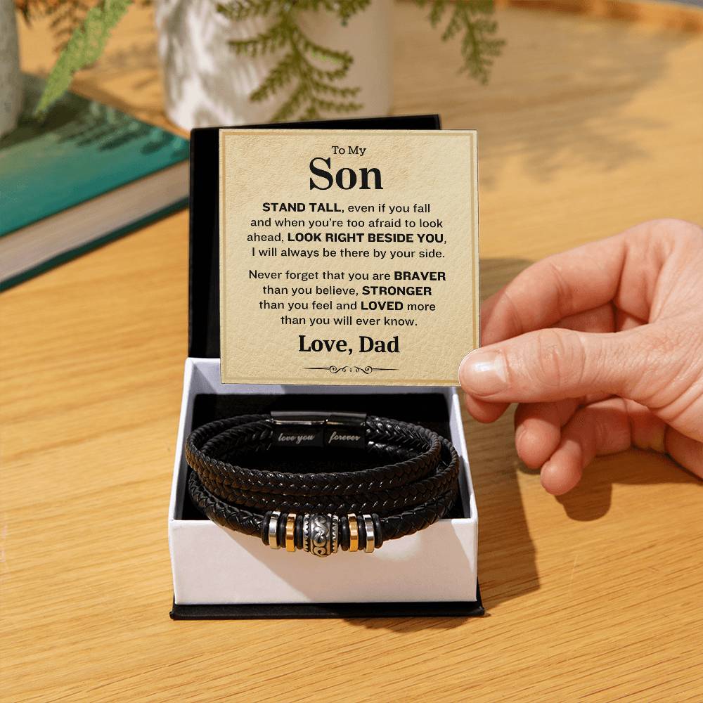 To My Son- Stand Tall-Love Dad- Mens Love Your Forever Leather Bracelet