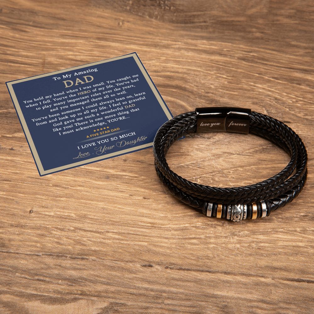 Five Star Dad- Mens "Love you forever" Leather bracelet