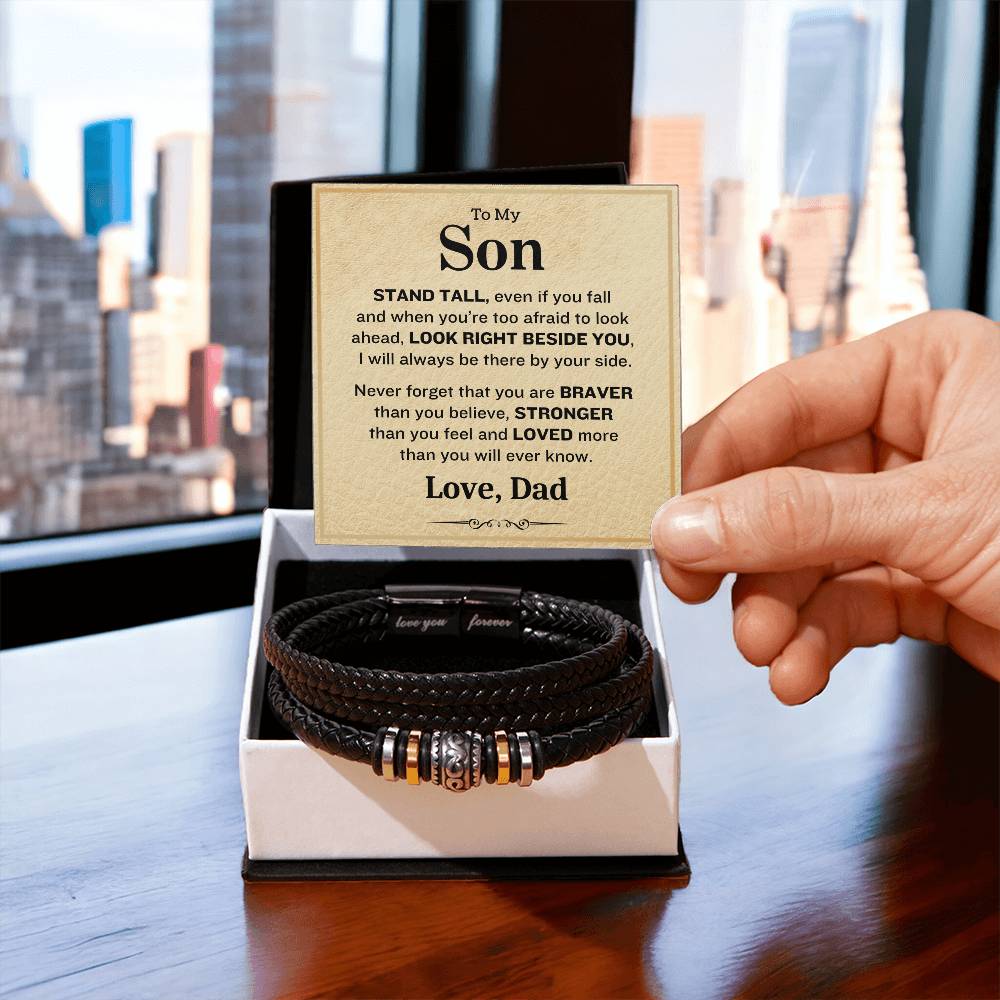 To My Son- Stand Tall-Love Dad- Mens Love Your Forever Leather Bracelet