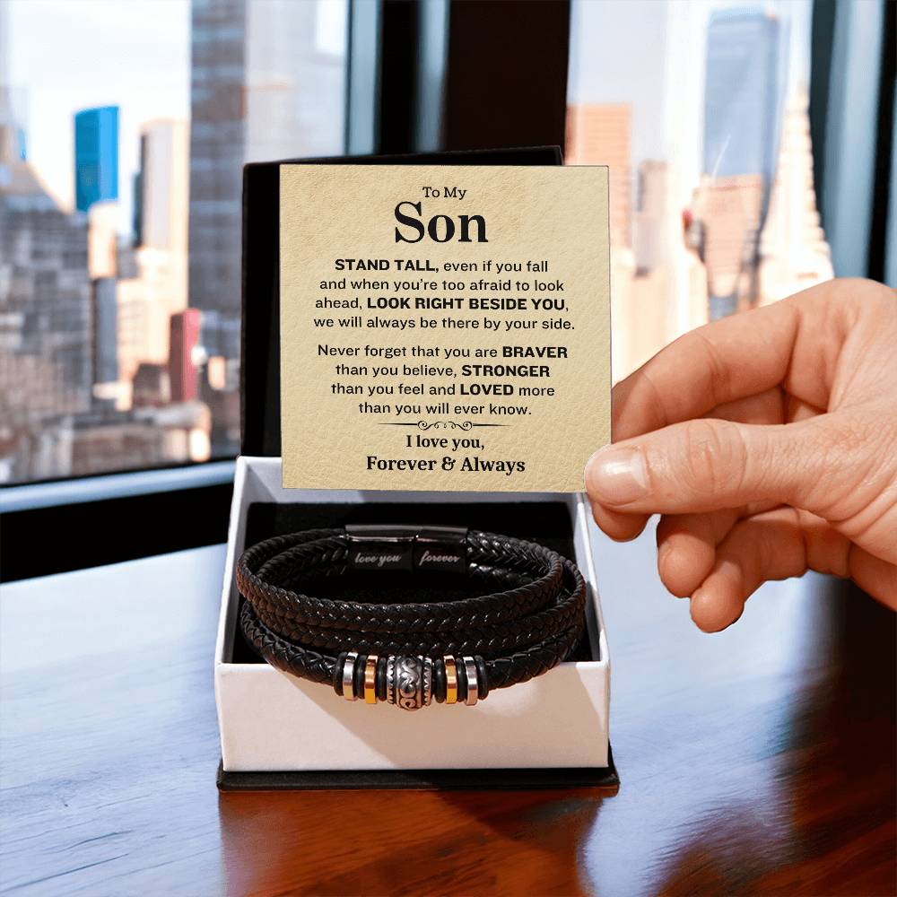 To My Son- Stand Tall-Forever & Always- Mens Leather Bracelet