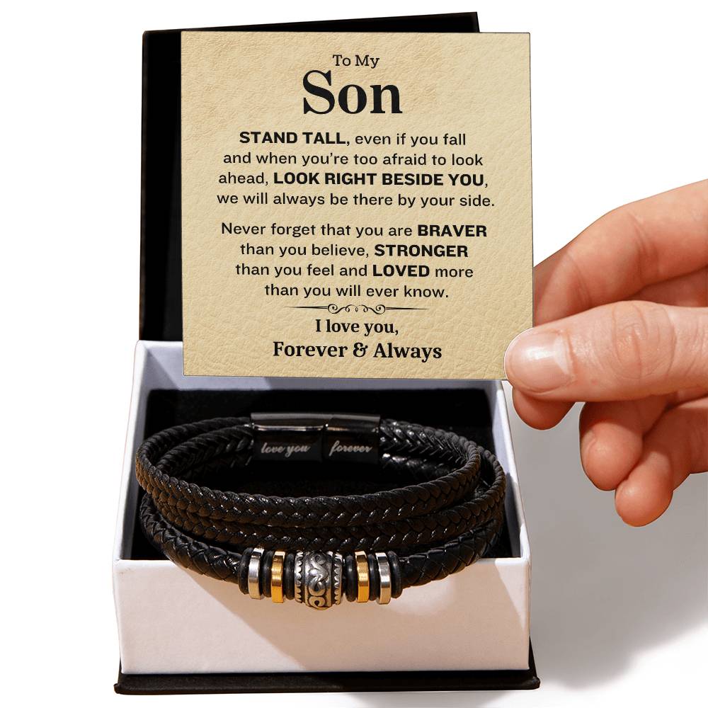 To My Son- Stand Tall-Forever & Always- Mens Leather Bracelet