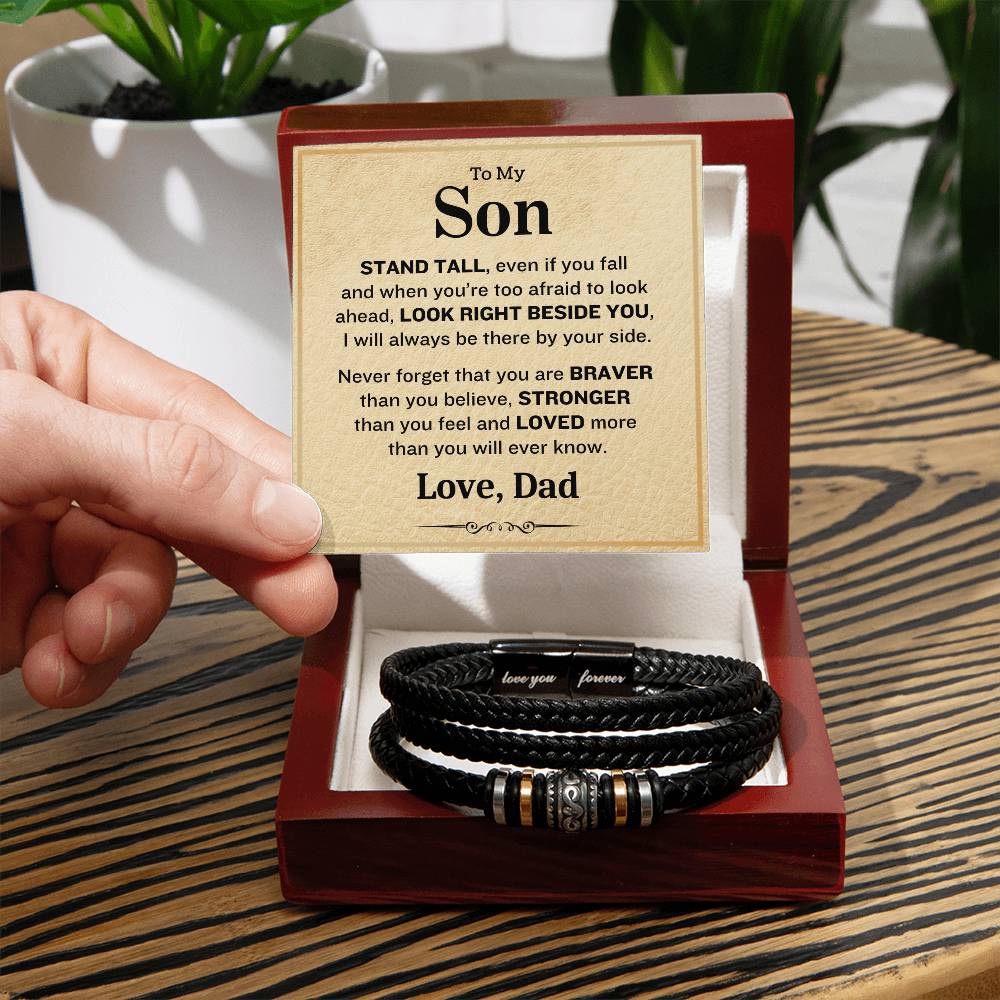 To My Son- Stand Tall-Love Dad- Mens Love Your Forever Leather Bracelet