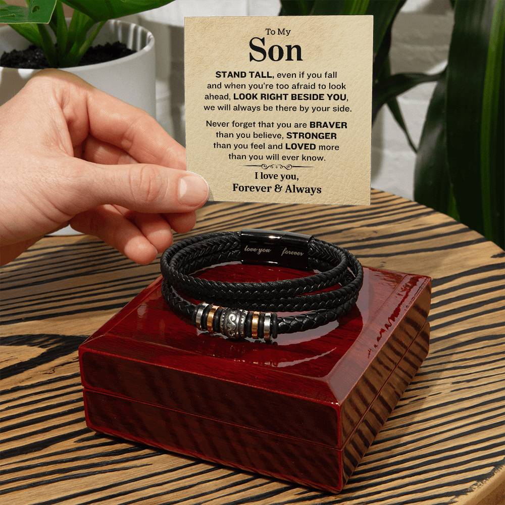 To My Son- Stand Tall-Forever & Always- Mens Leather Bracelet