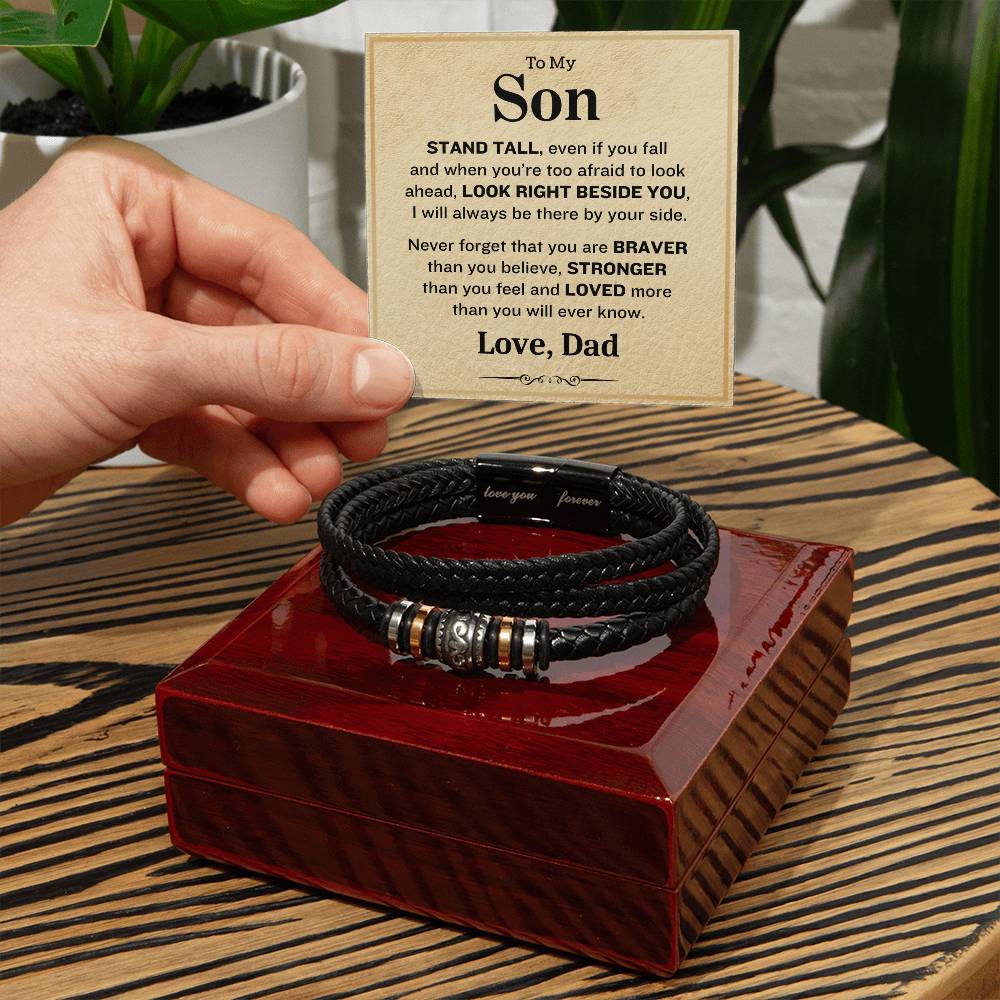 To My Son- Stand Tall-Love Dad- Mens Love Your Forever Leather Bracelet