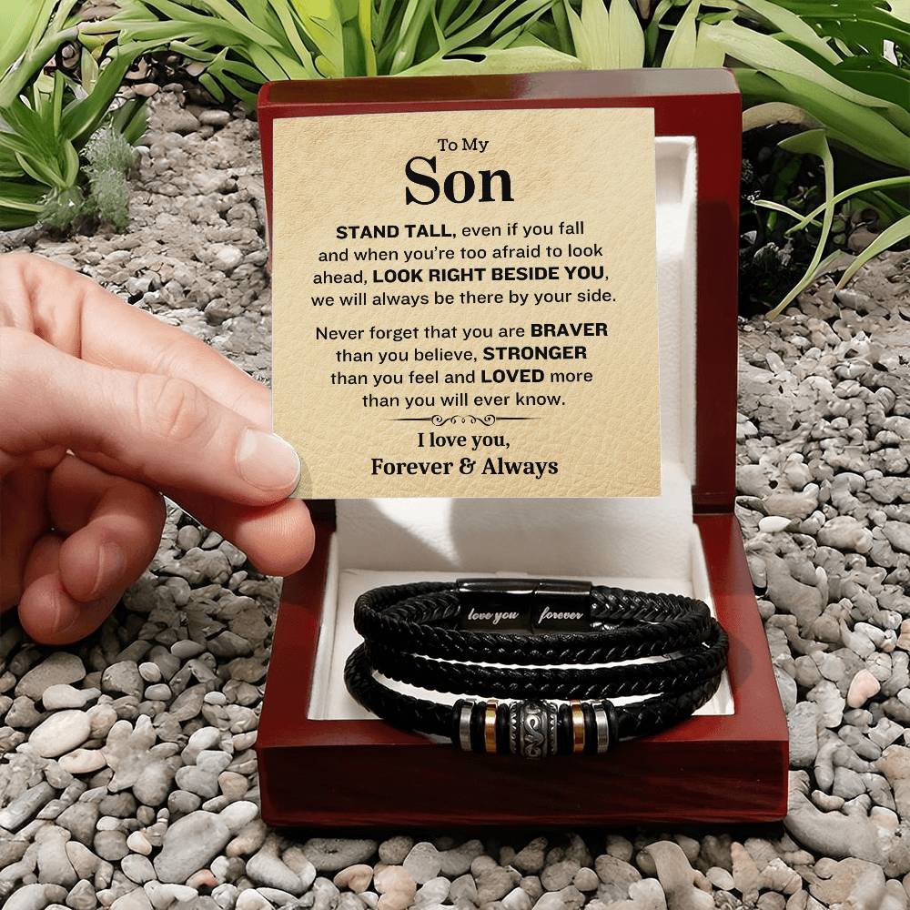 To My Son- Stand Tall-Forever & Always- Mens Leather Bracelet