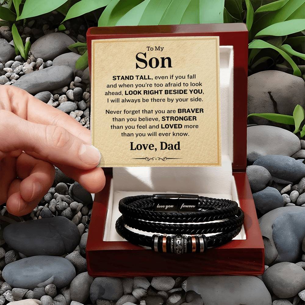 To My Son- Stand Tall-Love Dad- Mens Love Your Forever Leather Bracelet