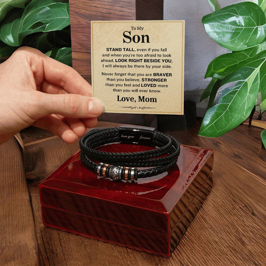 To My Son- Stand Tall-Love Mom-Mens Leather Bracelet