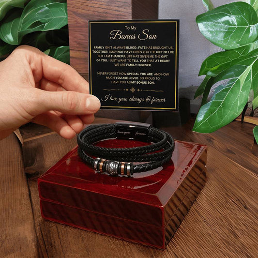 Bonus Son- We are family forever- Mens Leather Bracelet