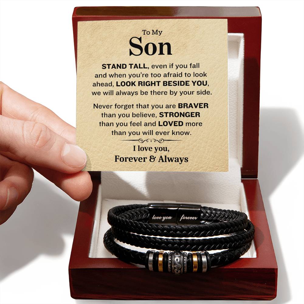 To My Son- Stand Tall-Forever & Always- Mens Leather Bracelet