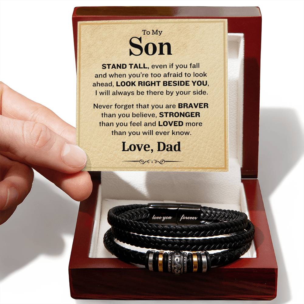 To My Son- Stand Tall-Love Dad- Mens Love Your Forever Leather Bracelet